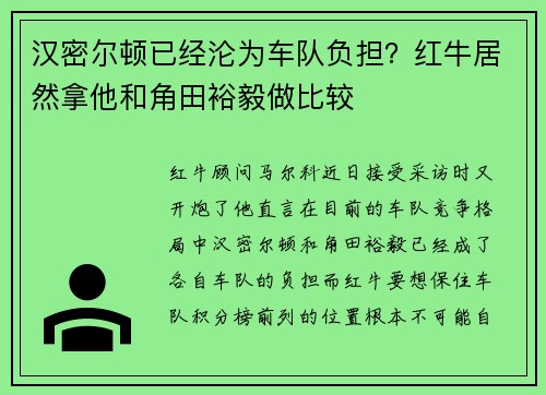 汉密尔顿已经沦为车队负担？红牛居然拿他和角田裕毅做比较