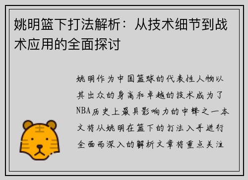 姚明篮下打法解析：从技术细节到战术应用的全面探讨